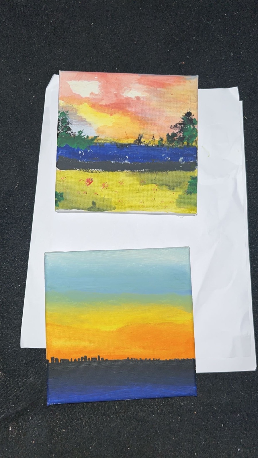 Two sunset paintings stacked vertically for judging