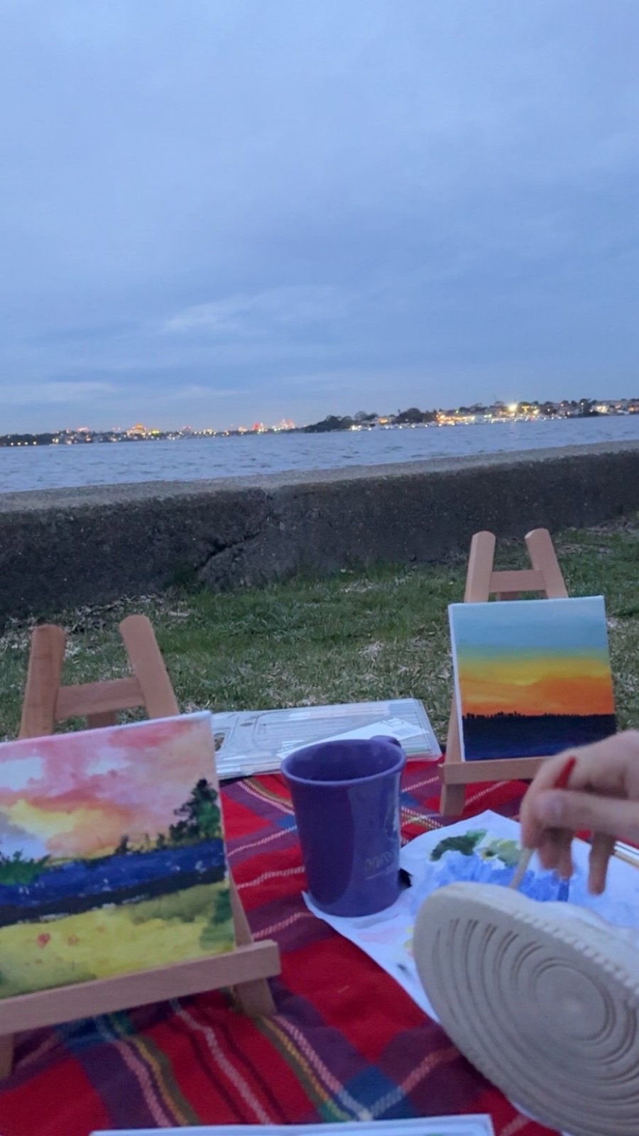 Picnic blanket with sunset paintings by the water