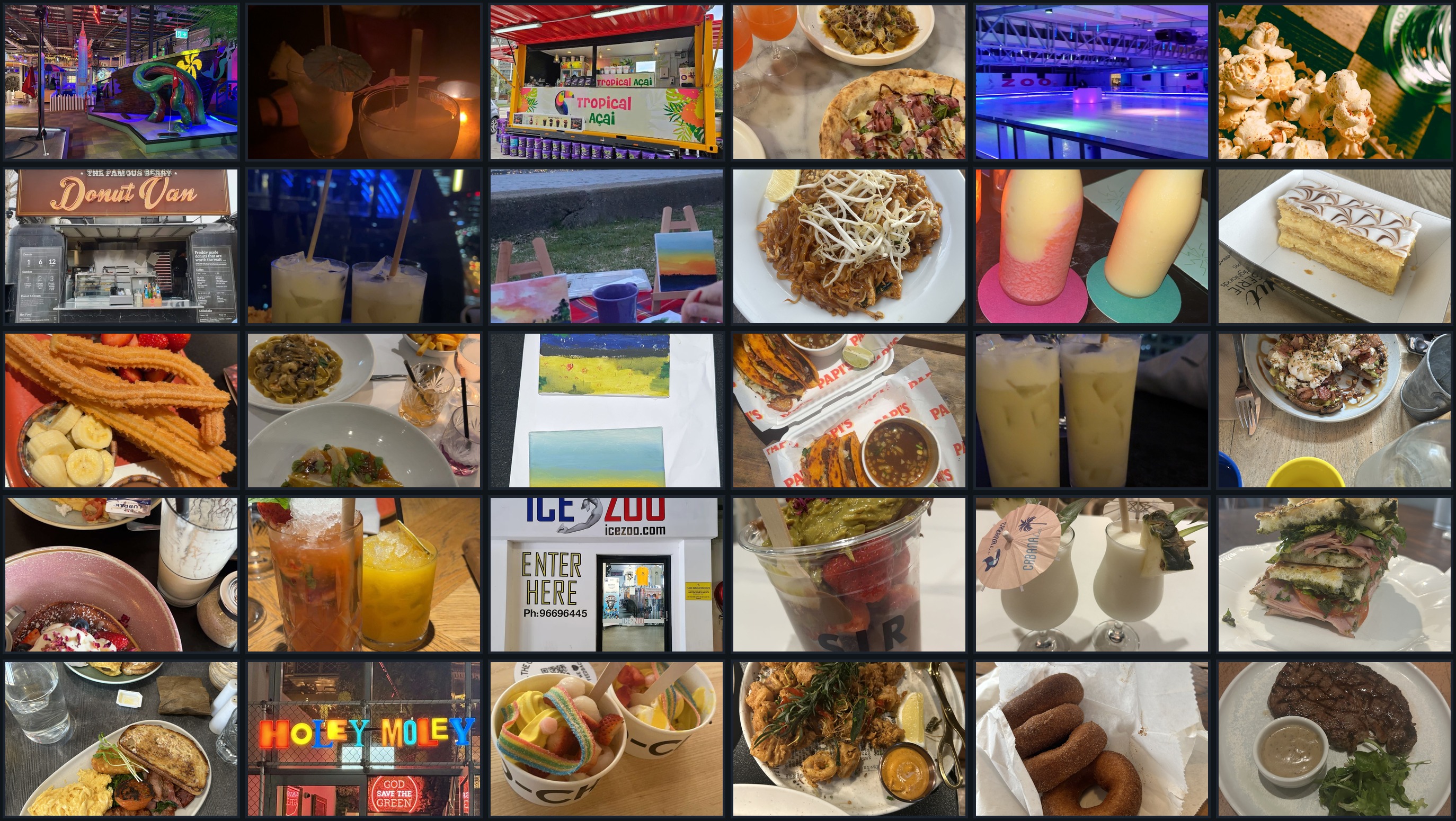 Collage of Sydney food, drinks, pina coladas, and activities